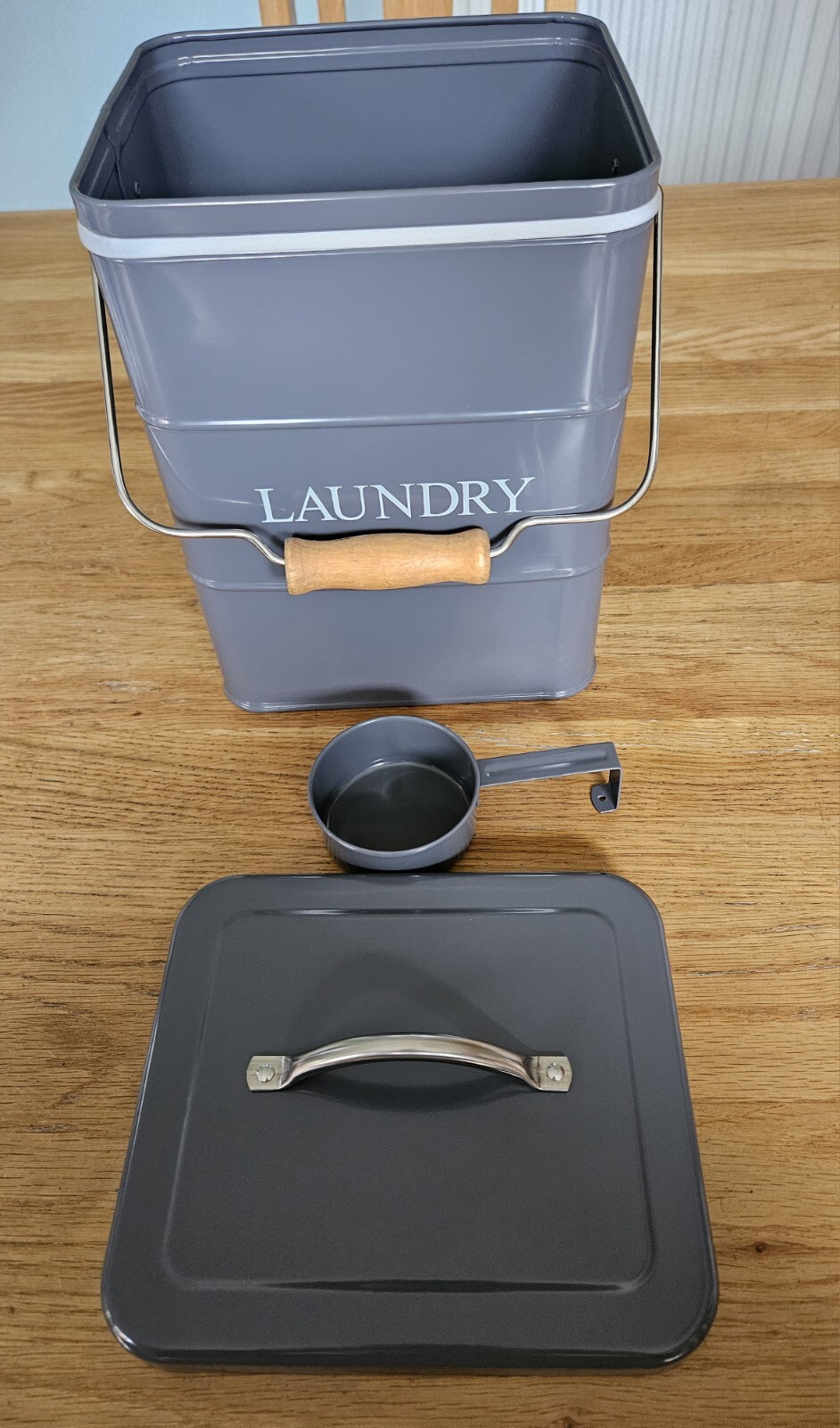 Metal laundry detergent/powder container with lid and scoop, grey. eBay