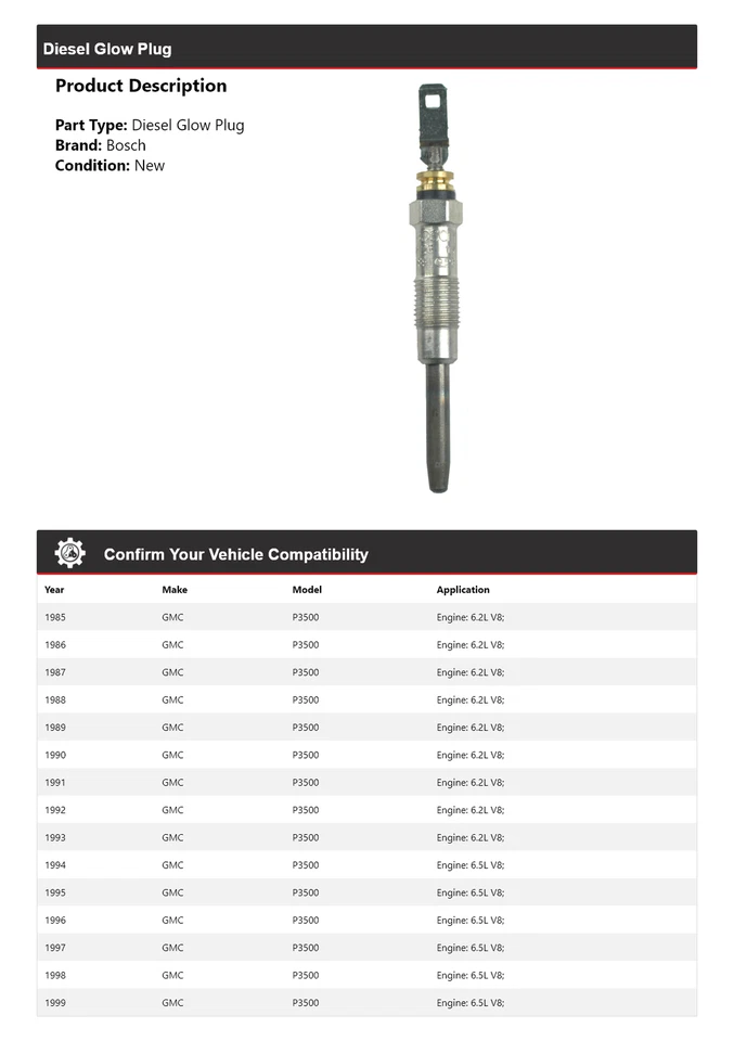 For 1985-1999 GMC P3500 Bosch Diesel Glow Plug 1986 1987 1988 1989 1990 1991 - Image 2 of 3