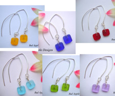 Flat, Forward-Facing, Dainty Frosted Sea Glass Silver Marquise Style Earrings