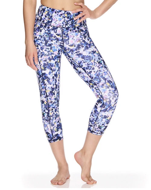 Gaiam Om-Dri Elsie Print Capri Legging Pants-Bright White- Large-New Tag $48