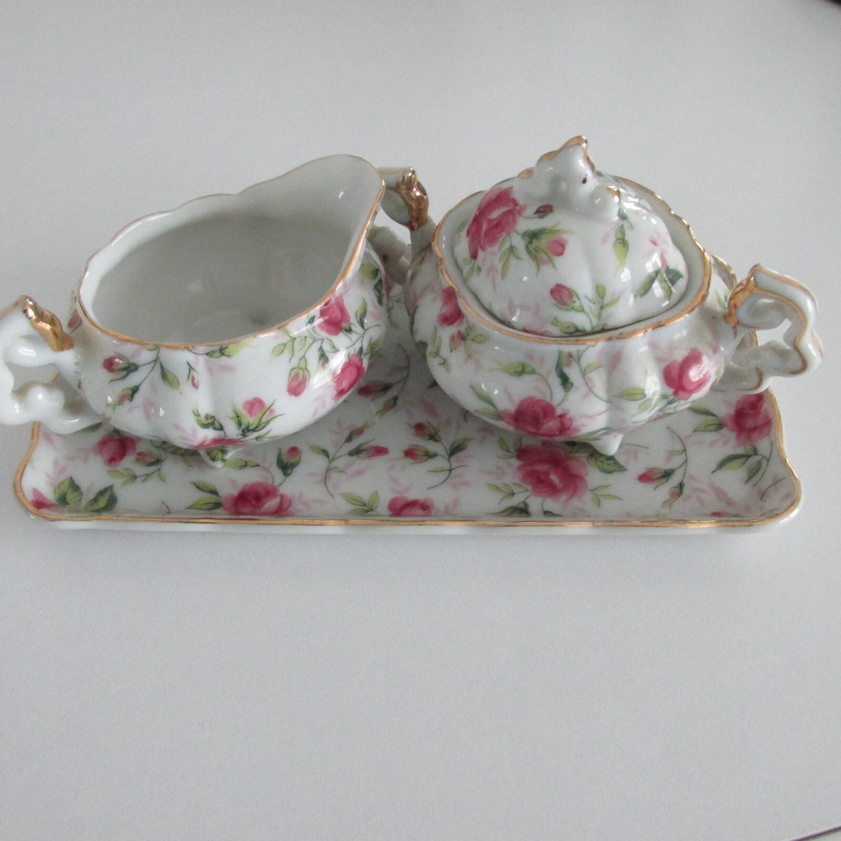 Lefton Rose Chintz Handpainted Mini Creamer, Sugar Bowl Tray Set