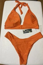 Blooming Jelly 2 Piece High Cut Bikini Halter Top Swimsuit Orange XL NWT