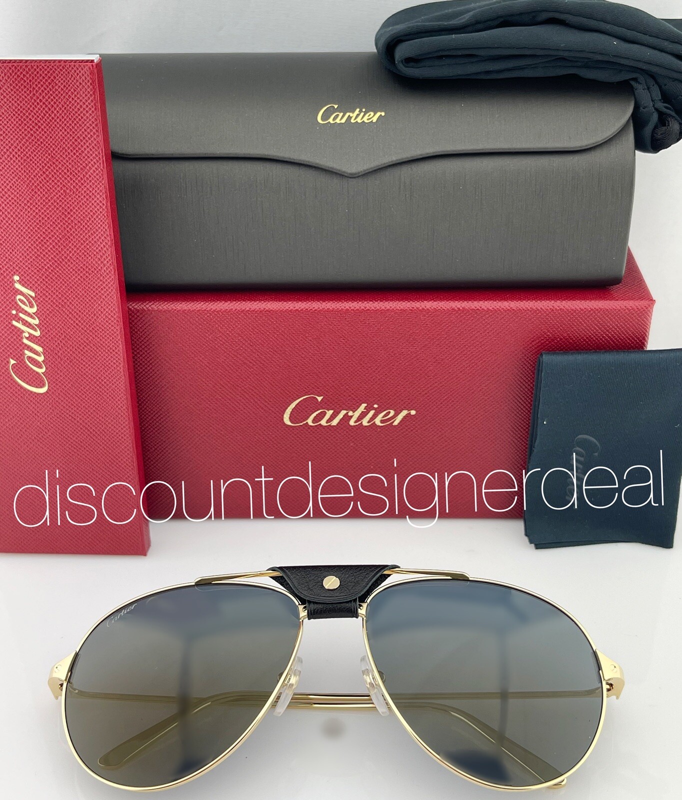Cartier Santos Aviator Sunglasses CT0038S 016 Gold Frame Gray Gold