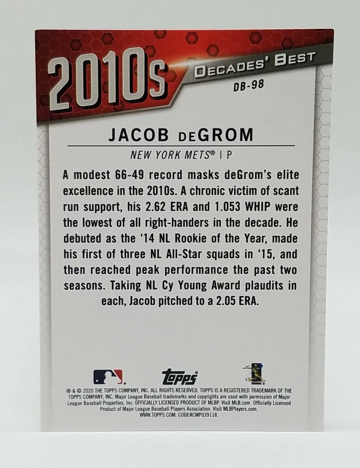 2020 Topps Series 2 Jacob deGrom Decades Best #DB-98 New York Mets 🔥🔥🔥 - Image 2 of 2
