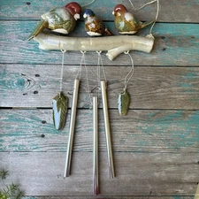 Vintage Bird Leaf Wind Chime 16" Ceramic Metal Outdoor Multicolor Boho Colorful