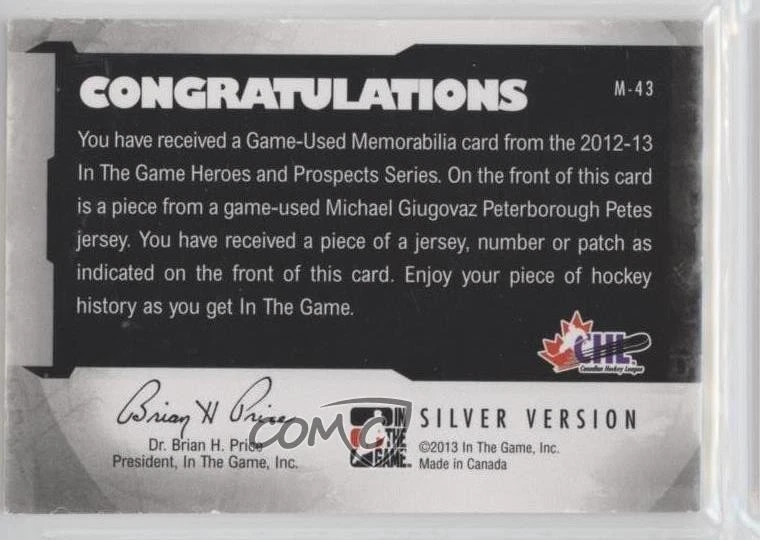 2012 ITG Heroes and Prospects Game-Used Silver Number /3 Michael Giugovaz #M-43 - Image 2 of 2