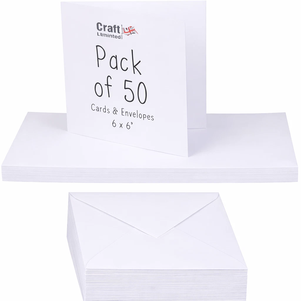 Tarjetas y Sobres Craft UK 6x6, Tarjetas 250gsm, Sobres 100gsm Blanco - Paquete de 50