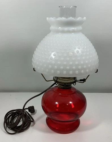 Vintage Ruby Red Oil Lamp White Hobnail Milk Glass Shade, Electric. COTTAGECORE