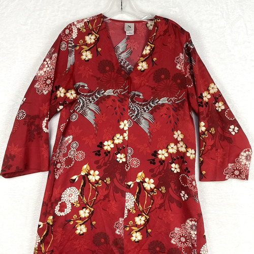 Natori Damen S Maximalismus rot Blumen Kranich Vogel Satin Kaftan Kleid Schlaf Lounge - Bild 1 von 12