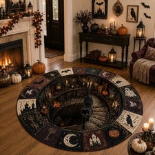 Halloween Black Cat 3D Vortex Illusion Round Rug Spooky Fall Decor