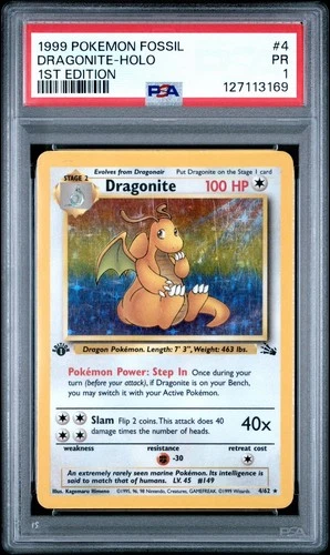 PSA 1 1999 Pokemon 1ST EDITION Fossil Dragonite Holo 4/62 Holo Foil WOTC LOW POP