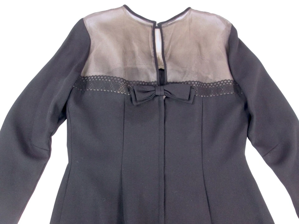 Vintage 60s Little Black Cocktail Dress 14 Sheer Bow Long Sleeve Minimalist Goth - Image 4 of 4