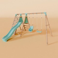 Double Wooden Swing Set with Baby Swing, Climbing Wall - Stagwood II Waltons