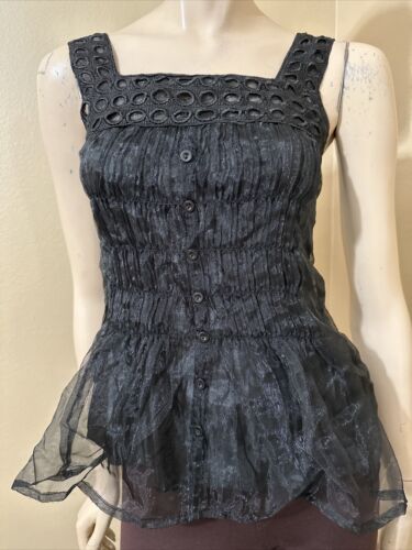 Women’s Black Polyester Casual Summer Open Lined Sheer Button Size S Blouse Top