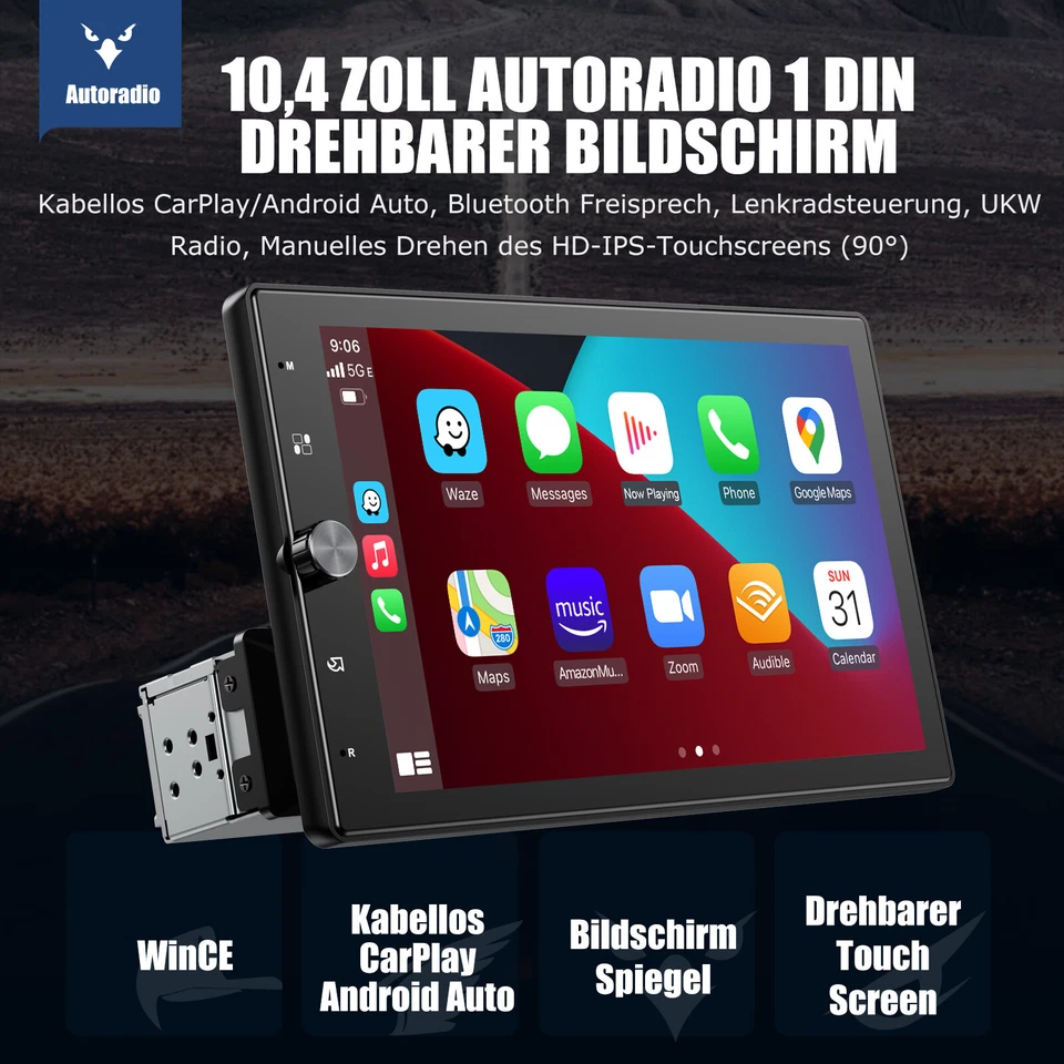 10.4" Wireless Carplay Android Auto Autoradio Drehbarer Bildschirm 1 DIN MIC KAM - Bild 2 von 4