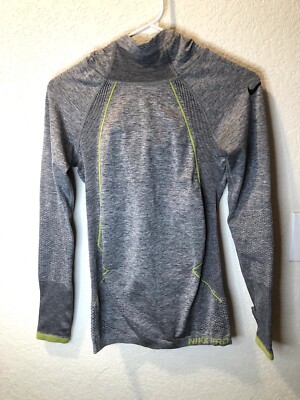 Nike Pro Hooded Long Sleeve Shirt Pullover Women's Heathered Gray Black Size M