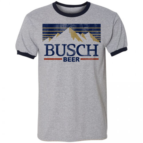 Busch Beer Vintage Distressed Label Ringer T-Shirt Grey - Picture 1 of 7
