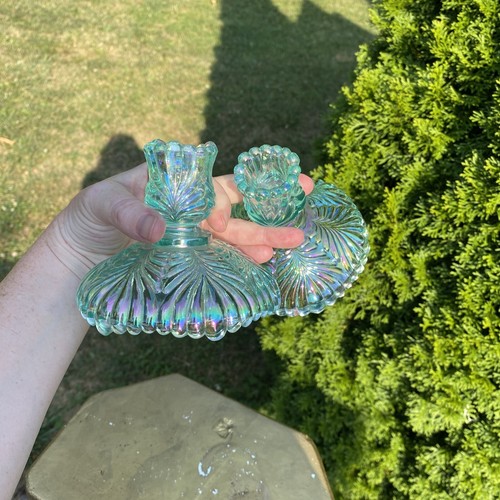 Pair Fenton Glass Leaf Iridescent Green Turquoise Candle Holders Candlesticks - Picture 5 of 15