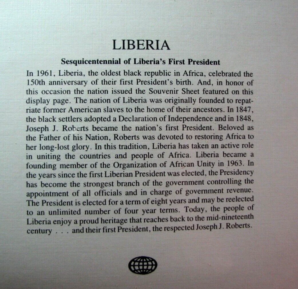 Liberia Souvenir Sheet Foreign Liberia's First President MNH  H329 - Image 2 of 2
