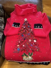 BP Designs XL Beaded Christmas Tree Sweater Holiday Turtleneck Vintage 90’s Red