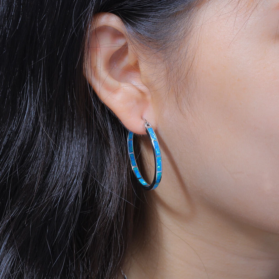 Blue Fire Opal Hoop 925 Silver Earrings Gemstone Women Jewelry - Image 2 of 4