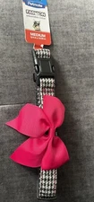 New Petmate Fashion Dog Collar Black/white Hot Pink Bow Pink Stitched Medium
