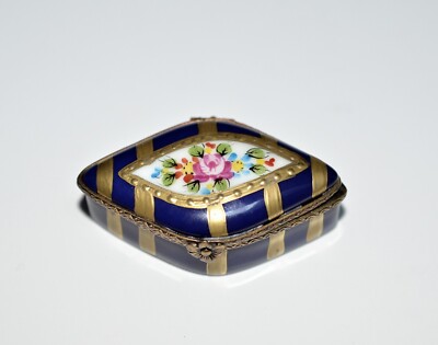 Limoges France Peint Main DIAMOND SHAPED TRINKET BOX Flowers Cobalt Blue Stripes