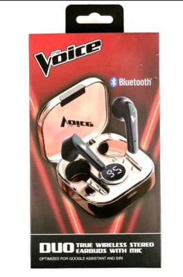 The Voice Duo True Wireless Stereo Earbuds with Mic, Charging Case, LCD Screen