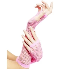 PINK LONG FISHNET MESH ARM WARMER SLEEVES Barbie Costume Fingerless Elbow Gloves