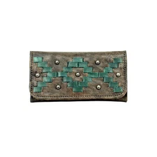 American West Womens Tribal Weave Distressed Charcoal Leather Trifold Wallet OS