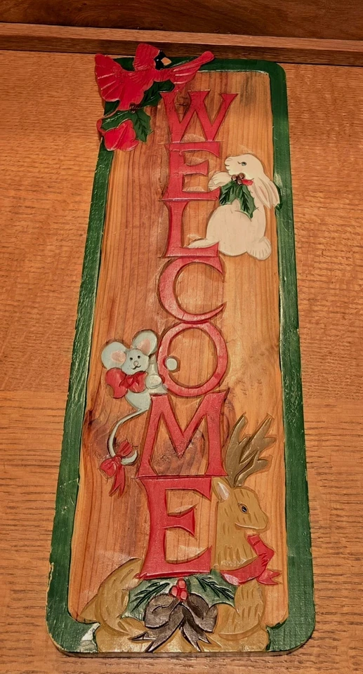 Handcraft Wood Christmas Welcome Sign Redbird Rabbit Deer Mouse Folk Art Rustic - Image 3 of 4