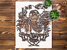Pirate Woman Skulls and Roses Wall Art Reusable Stencil - StencilAir