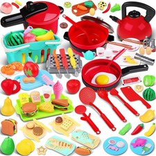 134 Pcs Toy Kitchen Accessories, Toddler Pretend Cooking Toys with BBQ Grill,...