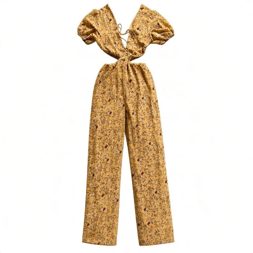 SABO Lexii Floral Jumpsuit Size S Tan V-Neck Midriff Cutout Tie Puff ...