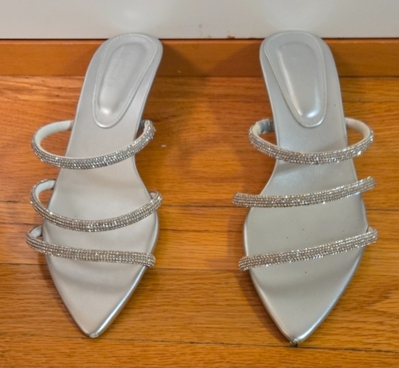 Crystal Rhinestone Silver Strappy Party Evening Shoes Kitten Heels Sz 39