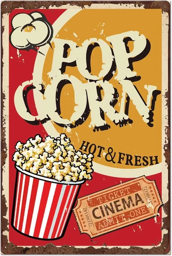 Popcorn Tin Sign Vintage Movie Theater Metal Wall Art Retro Home Bar Decor