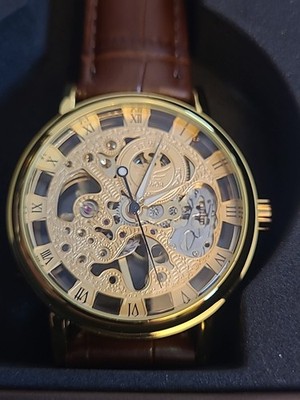 SEWOR Men's Mechanical Skeleton Transparent Vintage Style Leather Wrist Watch