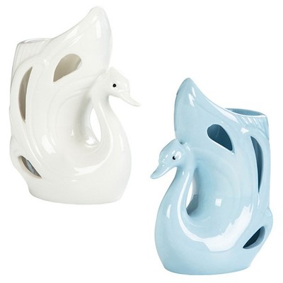 2 Stück Schwanenvase, dekorative Keramikvase, Mini- weiße blaue Blumenvase