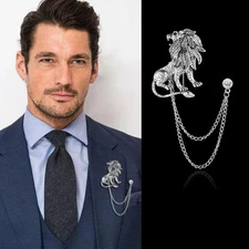 Men's Crystal Lion Brooch Pin British Style Silver Chain Lapel Badge Shirt Gift