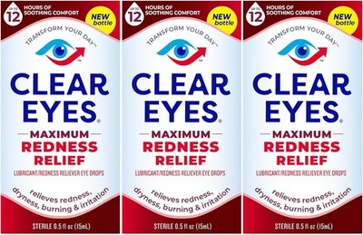 3 Pack Clear Eyes Maximum Strength Redness Relief Eye Drops 0.5 Oz Each