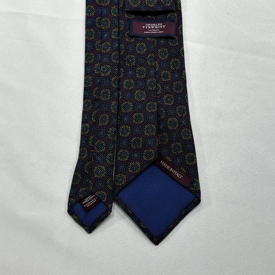 Charles Tyrwhitt Tie 100% Wool Made in Italy Geometric Floral Purple Blue Yellow - Image 2 of 4