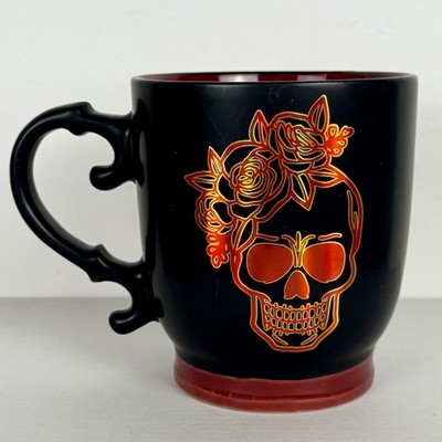 Gothic Skull Roses Mug Black Red Ceramic Coffee Cup - Ornate Handle Day of Dead