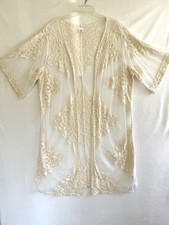 Kimono Duster XL Beige Sheer Midi Open Front Hippie Boho Romantic