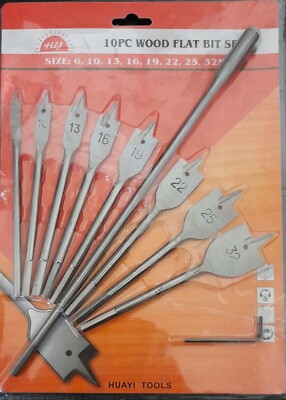 10pcs Hex Shank Spade Drill Bit Set Flat Head Wood Boring 6-32mm Metric ...