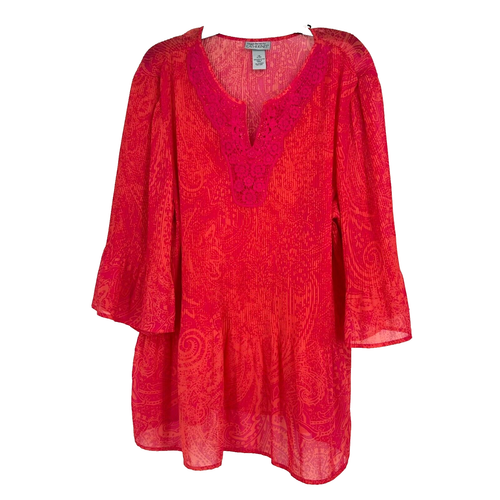 Catherines Sheer Boho Crinkle Tunic Top Pink Babydoll Crochet Lace Bell Slv 1X