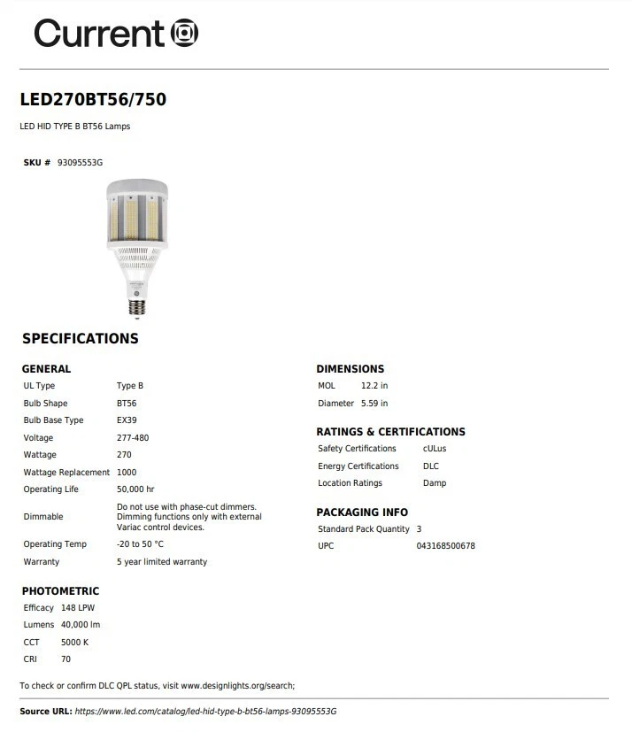 GE LED270BT56/750 LED HID Lamp 93095553 - Image 2 of 2