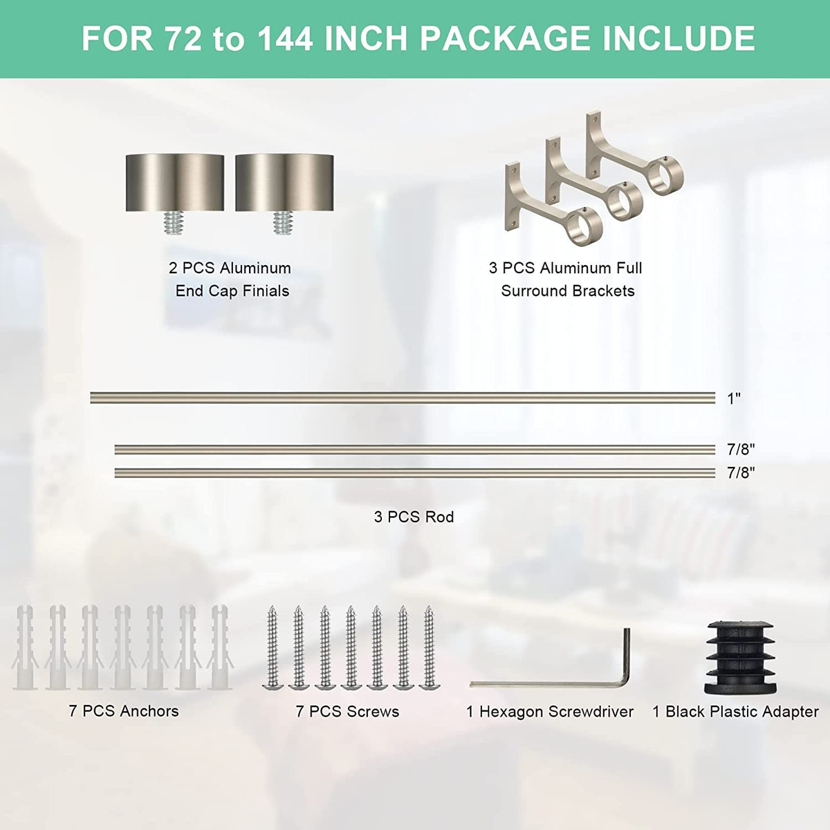 Lwiiom Brushed Nickel Curtain Rod - Adjustable 16 To 120 Inch, 1 Inch Diameter With Aluminum Brackets For Wall Or Ceiling - View #9