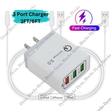 QC3.0 Quick Wall Power Adapter USB Fast Charger Cable For iPhone 14 13 12 11 XR 