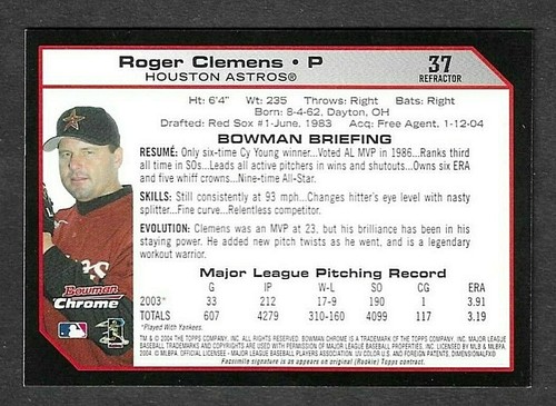 Roger Clemens 2004 Bowman Cromado Refractor #37 - ¡Excepcional! - Imagen 3 de 3