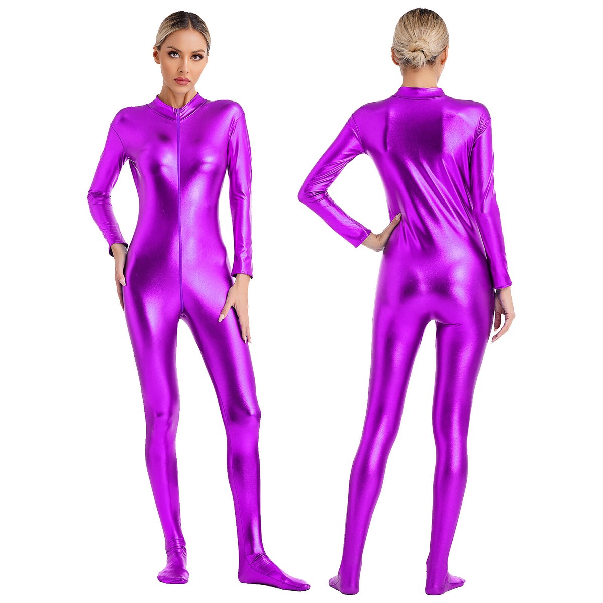 Women's Shiny Metallic Bodysuit Zentai Hood Sparkly Full